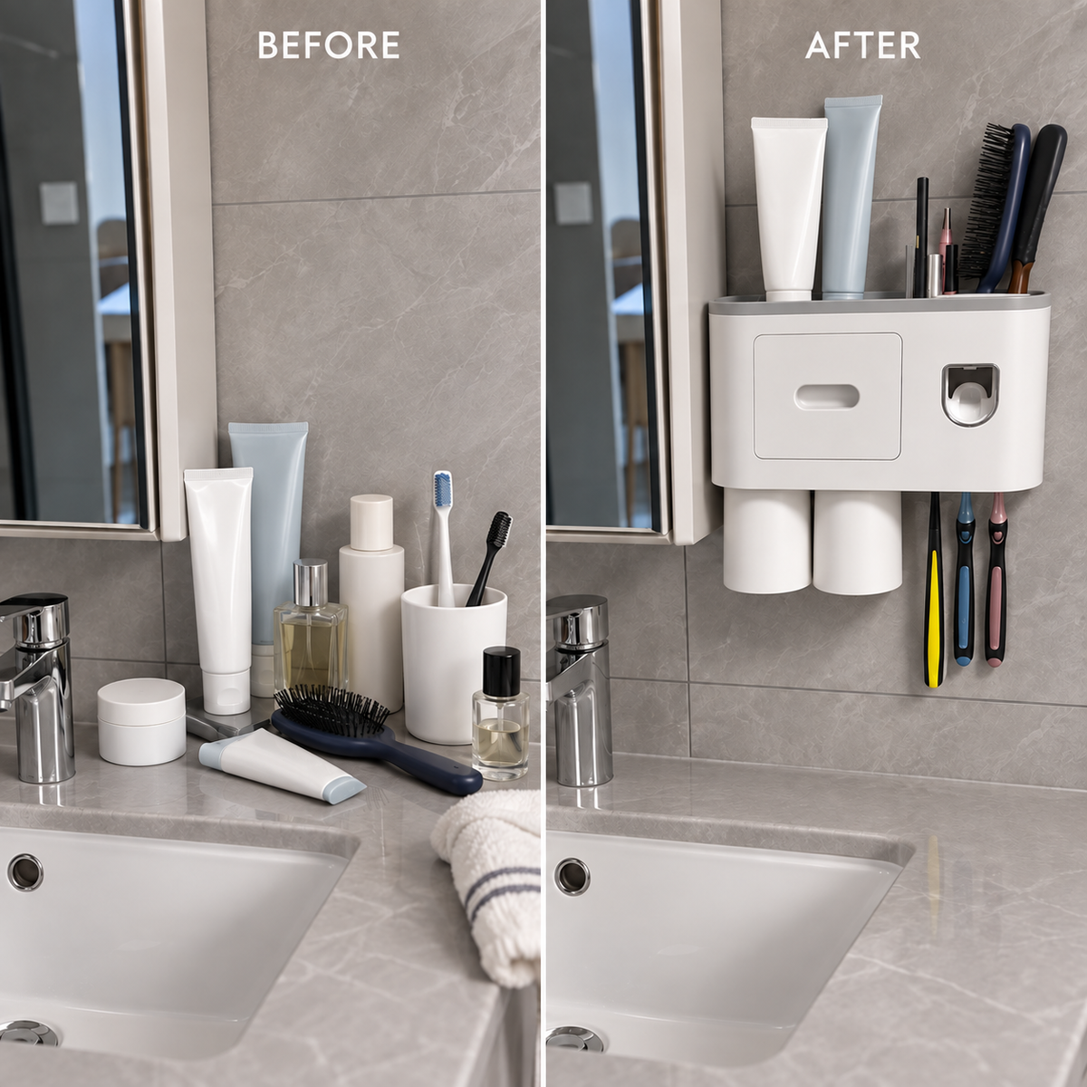 Wall-Mounted Bathroom Toothbrush Holder with Toothpaste Dispenser, 2 Rinse Cups, Storage Compartment and Top Shelf – No-Drill Bathroom Organizer