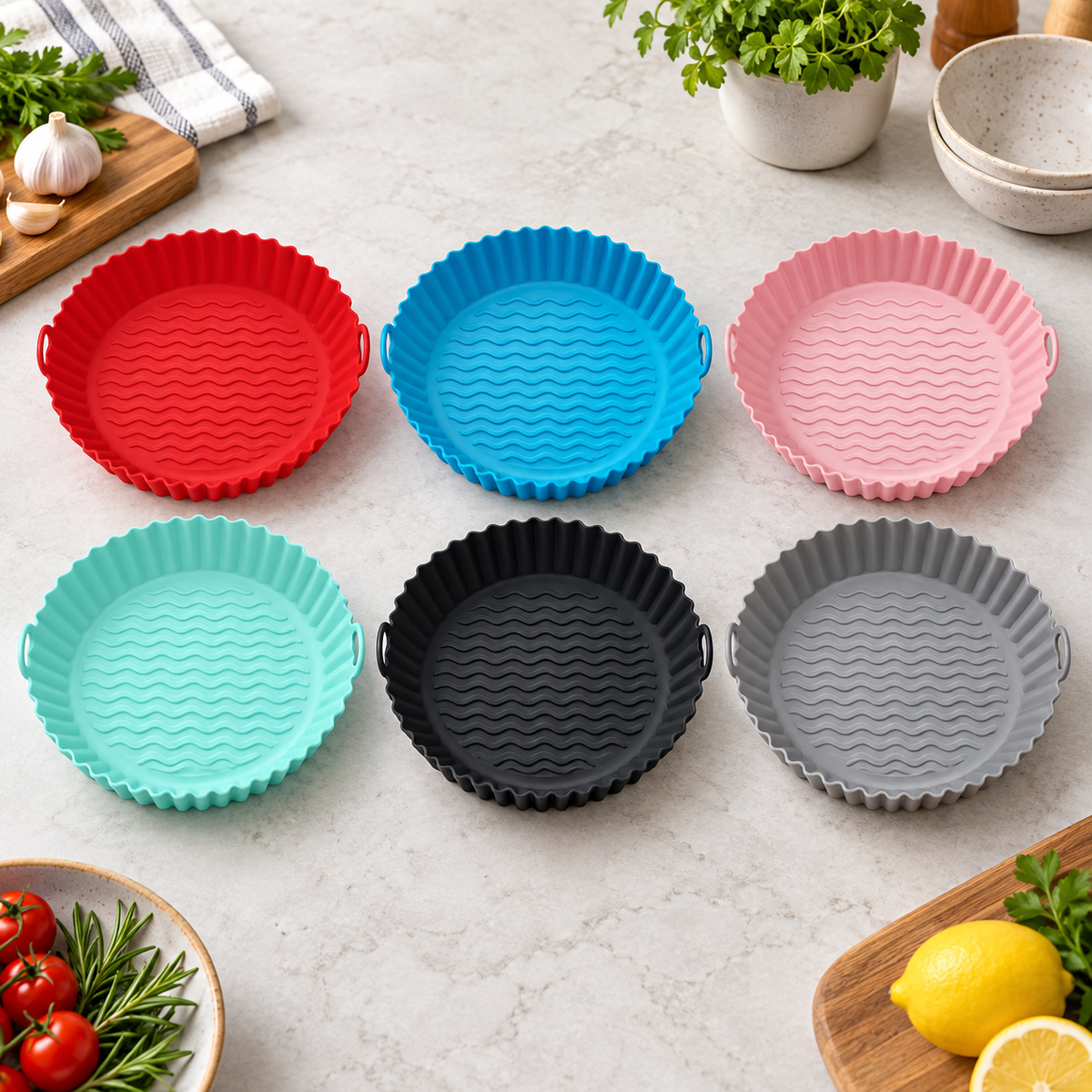 Reusable Silicone Air Fryer Liners, Food-Grade Air Fryer Basket Inserts with Raised Drainage Ribs, Heat-Resistant Nonstick Cooking Pots, Easy-Clean Accessories for Roasting, Baking and Reheating