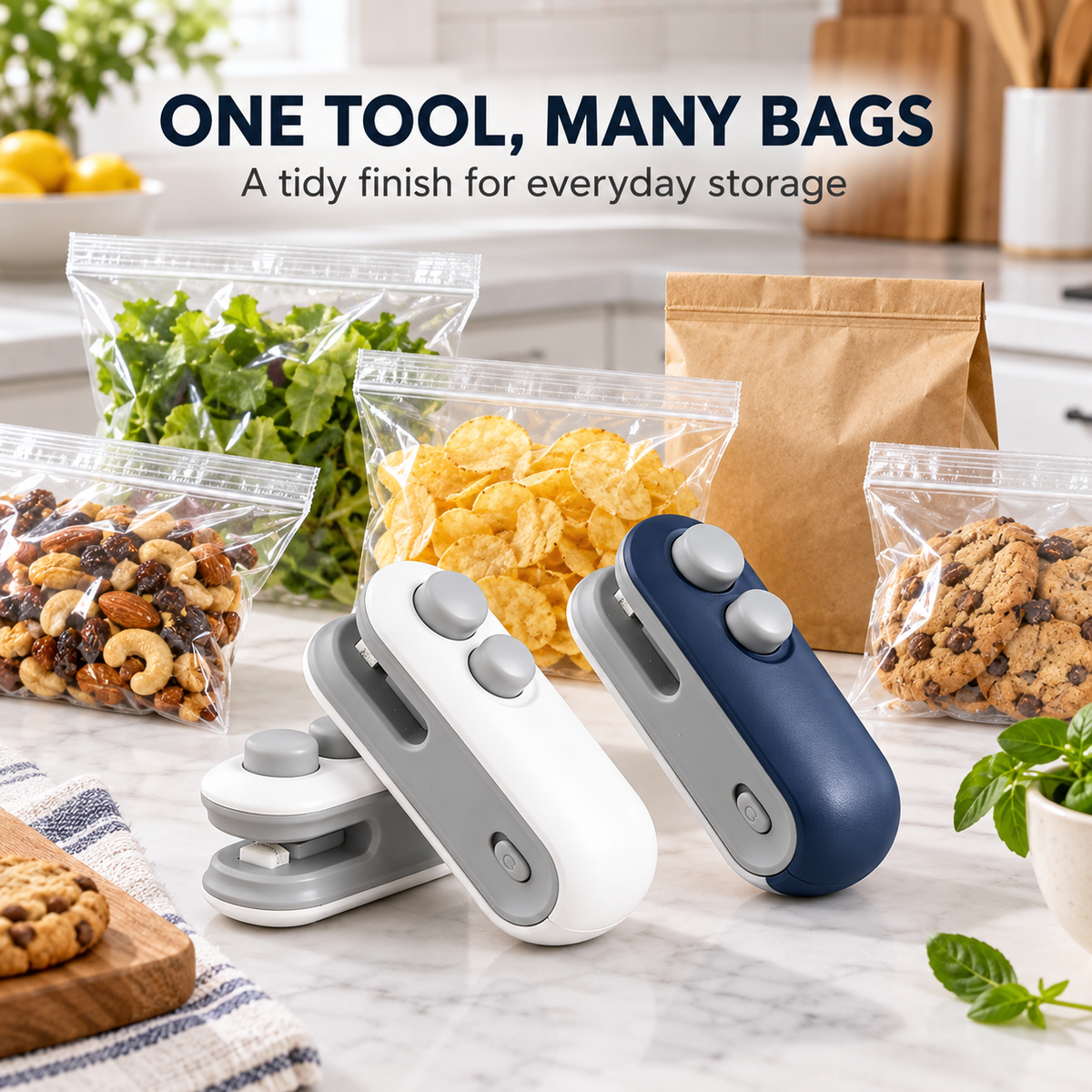Mini Heat Bag Sealer and Cutter, Portable Handheld Snack Bag Sealing Machine with Built-In Cutter, USB Type-C Rechargeable, White or Blue