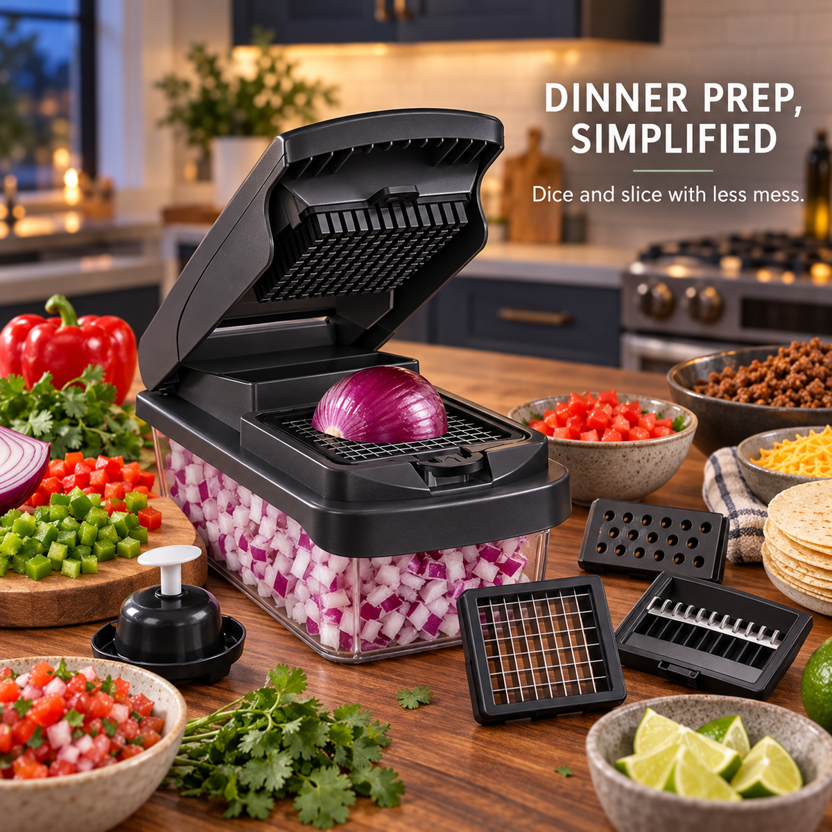 Multifunctional Vegetable Chopper, Manual Food Slicer and Dicer with Interchangeable Blades, Julienne Shredder, Grater, Hand Guard and Clear Catch Container for Kitchen Meal Prep, White, Black or Sage Green