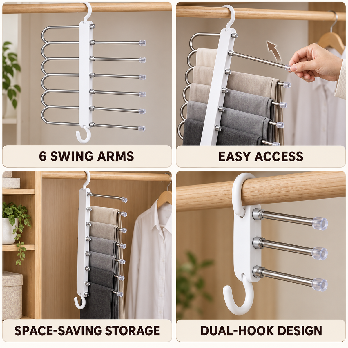 6-Tier Swing-Arm Pants Hanger with Dual Hooks – Space-Saving Closet Organizer for Trousers, Scarves, Ties and Towels