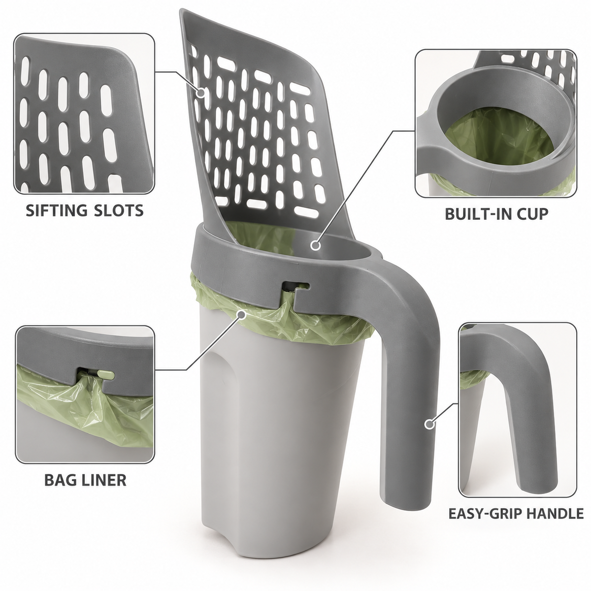 All-in-One Cat Litter Scoop with Built-In Waste Cup – Sifting Scooper with Bag-Liner Holder and Easy-Grip Handle