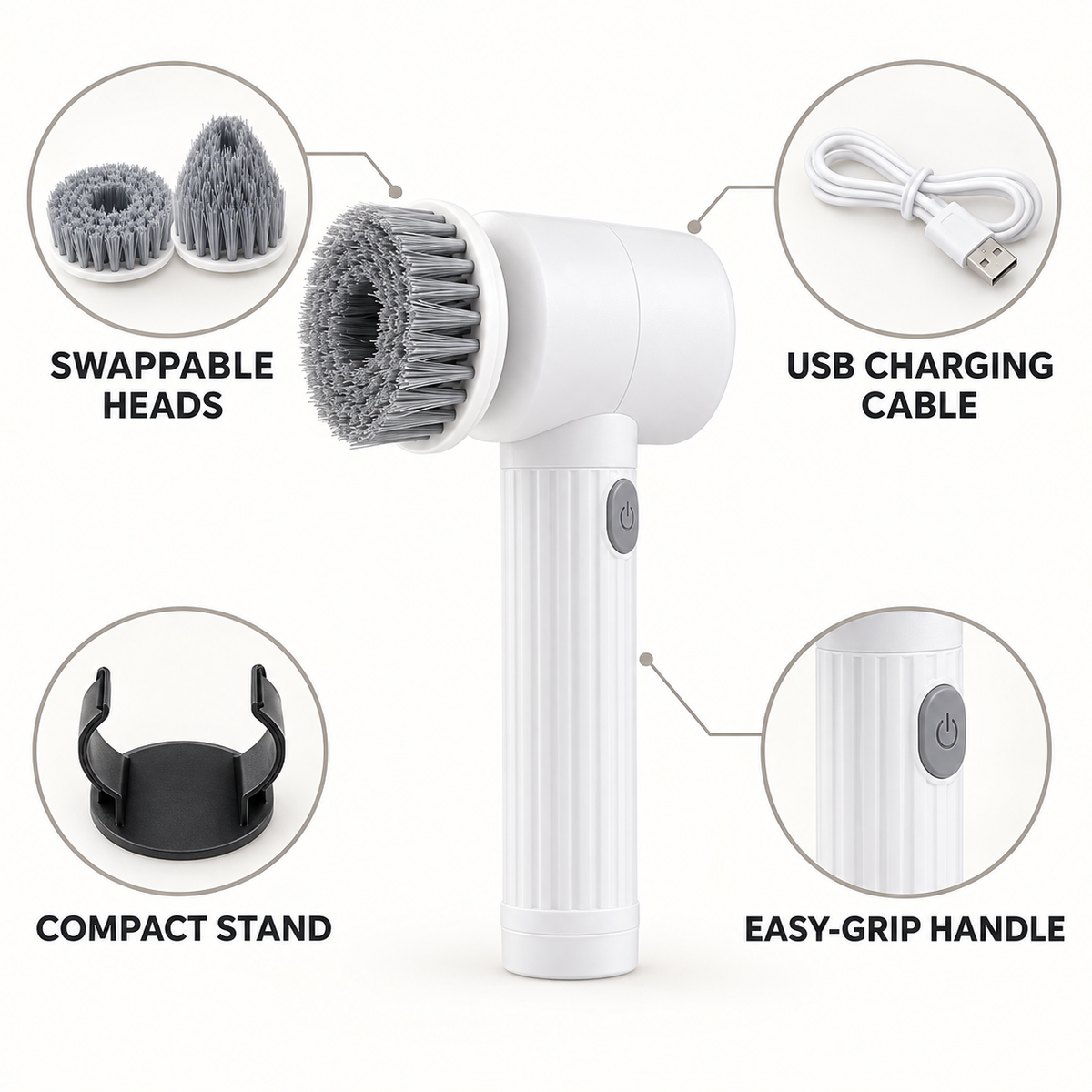 Rechargeable Handheld Electric Cleaning Brush with 6 Bonus Accessories – Interchangeable Scrub Heads for Home, Sink, Tile and Shoe Care