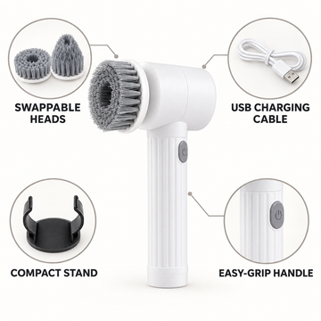 Rechargeable Handheld Electric Cleaning Brush with 6 Bonus Accessories – Interchangeable Scrub Heads for Home, Sink, Tile and Shoe Care