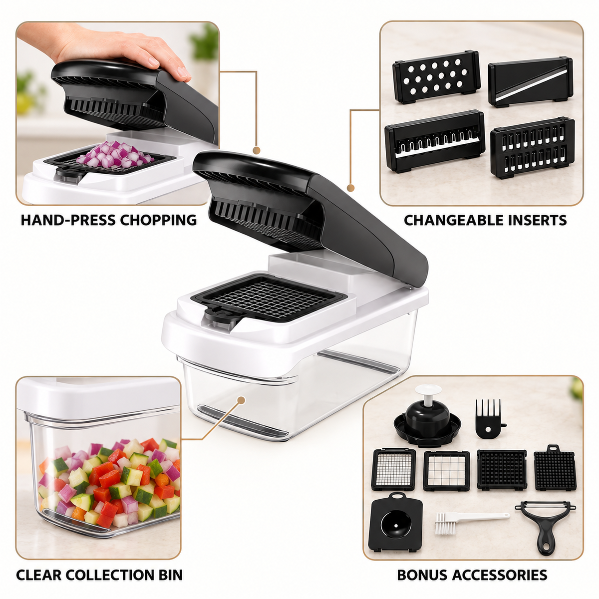 Multi-Function Manual Vegetable Chopper with Clear Container and Bonus Accessory Set – Interchangeable Dicing, Slicing and Shredding Inserts