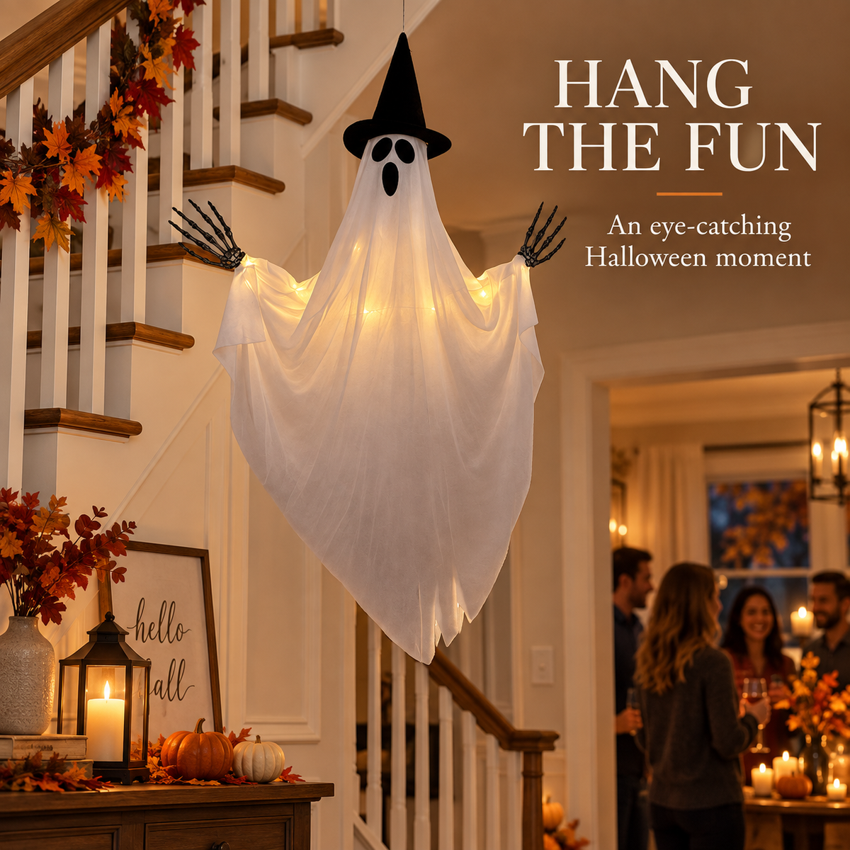 Light-Up Hanging Ghost Halloween Decoration with Witch Hat and Skeleton Hands, Glowing Ghost for Porch, Entryway, Window and Halloween Party Decor