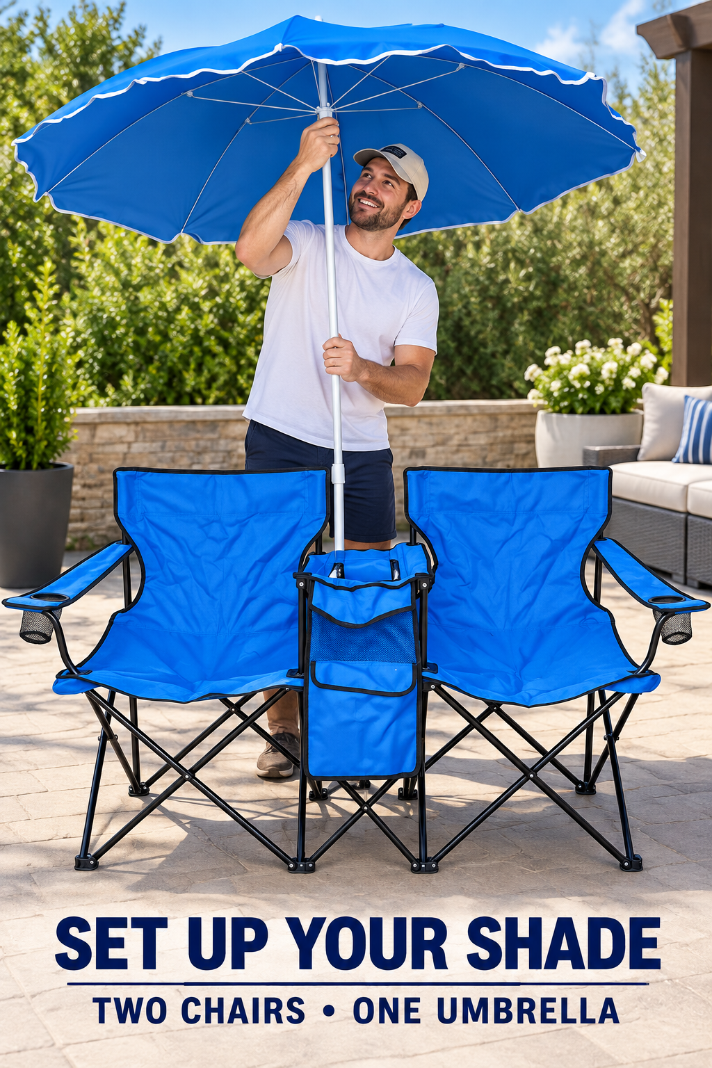 Two-Seat Folding Outdoor Chair Set with Detachable Umbrella