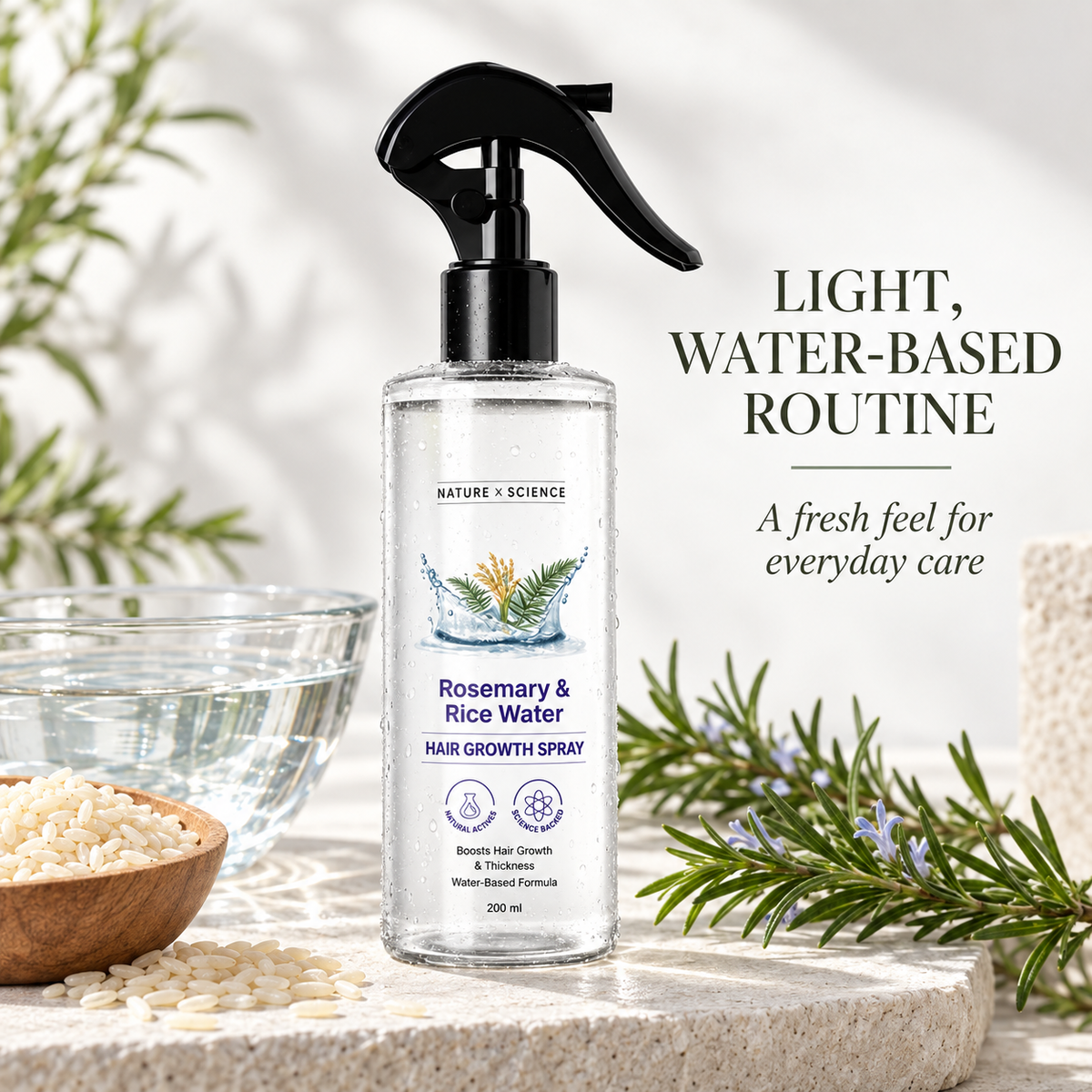 Rosemary & Rice Water Scalp Spray, Water-Based Hair Care Mist with Rosemary and Rice Extracts, Trigger Spray Bottle, 200 mL