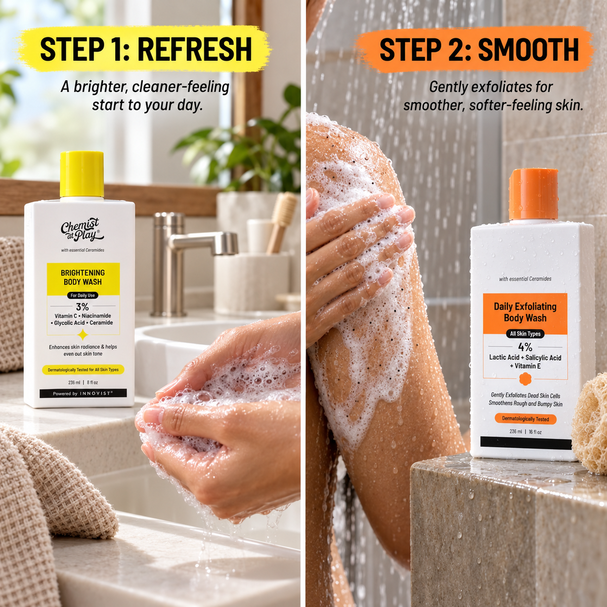Brightening Body Wash with Vitamin C and Niacinamide, Daily Body Cleanser with 3% Brightening Complex, Fresh, Smoother-Looking Skin, 236 mL / 8 fl oz