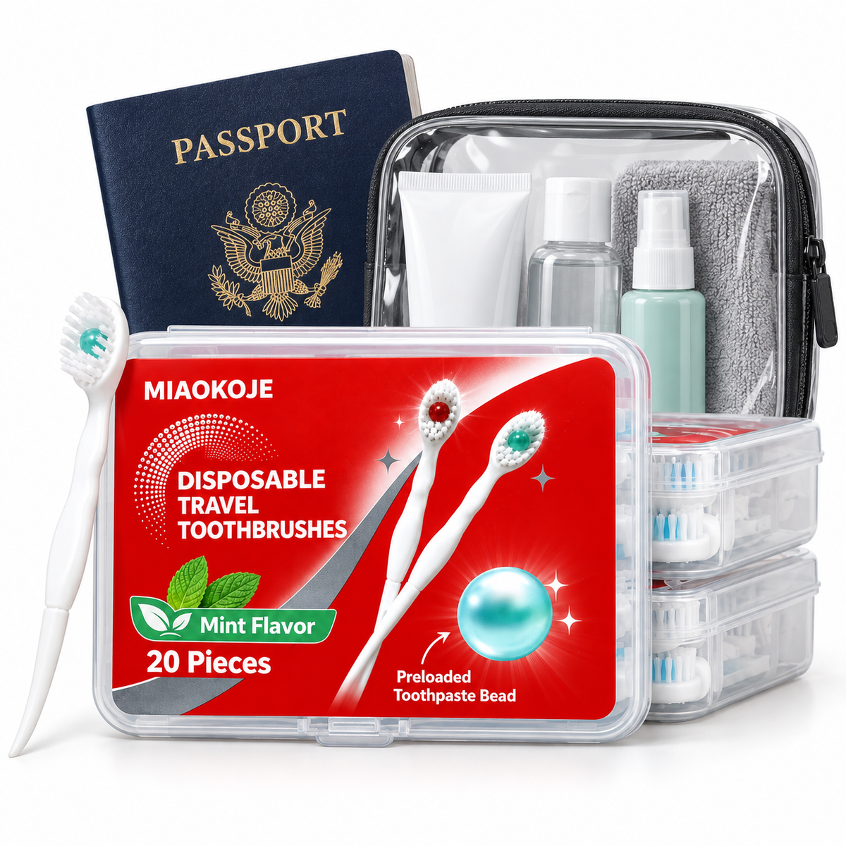 MIAOKOJE Disposable Travel Toothbrushes with Preloaded Mint Toothpaste Beads, Mini Portable Toothbrush Set, 20 Pieces with Clear Case for Travel, Office, Gym and Camping