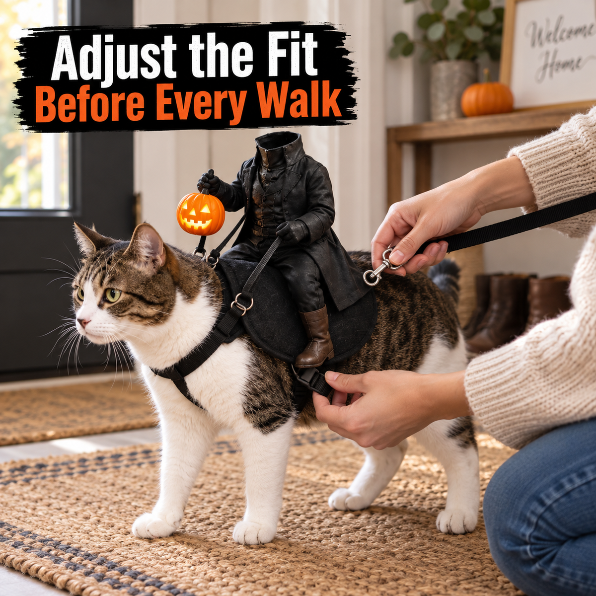 Headless Horseman Halloween Pet Costume with Adjustable Harness, Reins and Light-Up Pumpkin Accessory, Black Rider Costume for Cats and Small Dogs