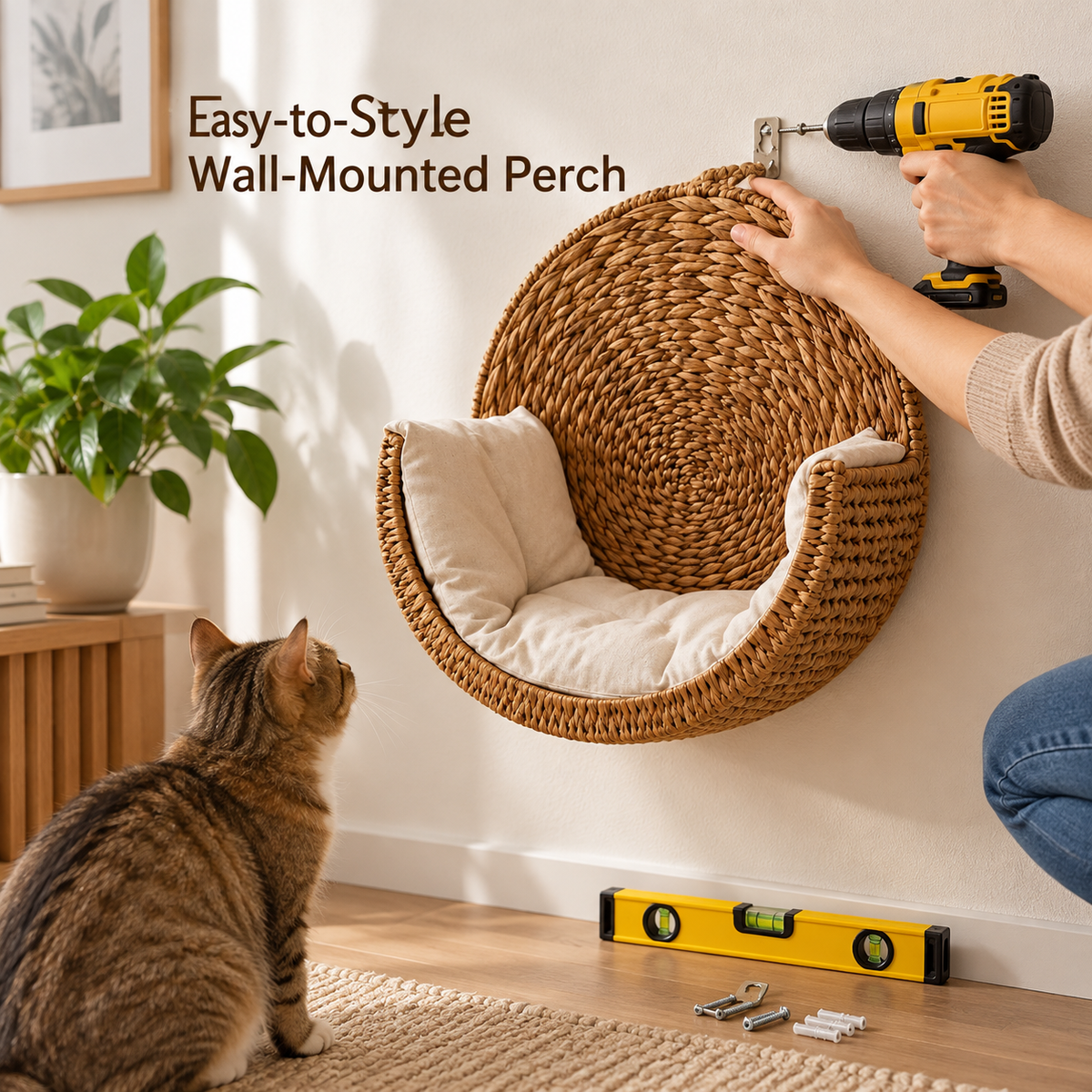 Handwoven Wall-Mounted Cat Bed with Soft Cushion, Breathable Woven Cat Hammock Perch, Space-Saving Hanging Cat Rest for Indoor Cats