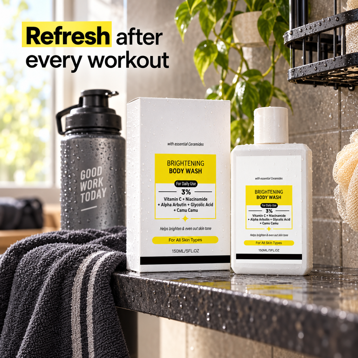 Brightening Body Wash with Vitamin C, Niacinamide, Alpha Arbutin, Glycolic Acid and Camu Camu, Daily Body Cleanser for Fresh, Smoother-Looking Skin, 5 fl oz (150 mL)