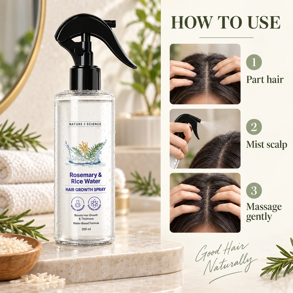Rosemary & Rice Water Scalp Spray, Water-Based Hair Care Mist with Rosemary and Rice Extracts, Trigger Spray Bottle, 200 mL