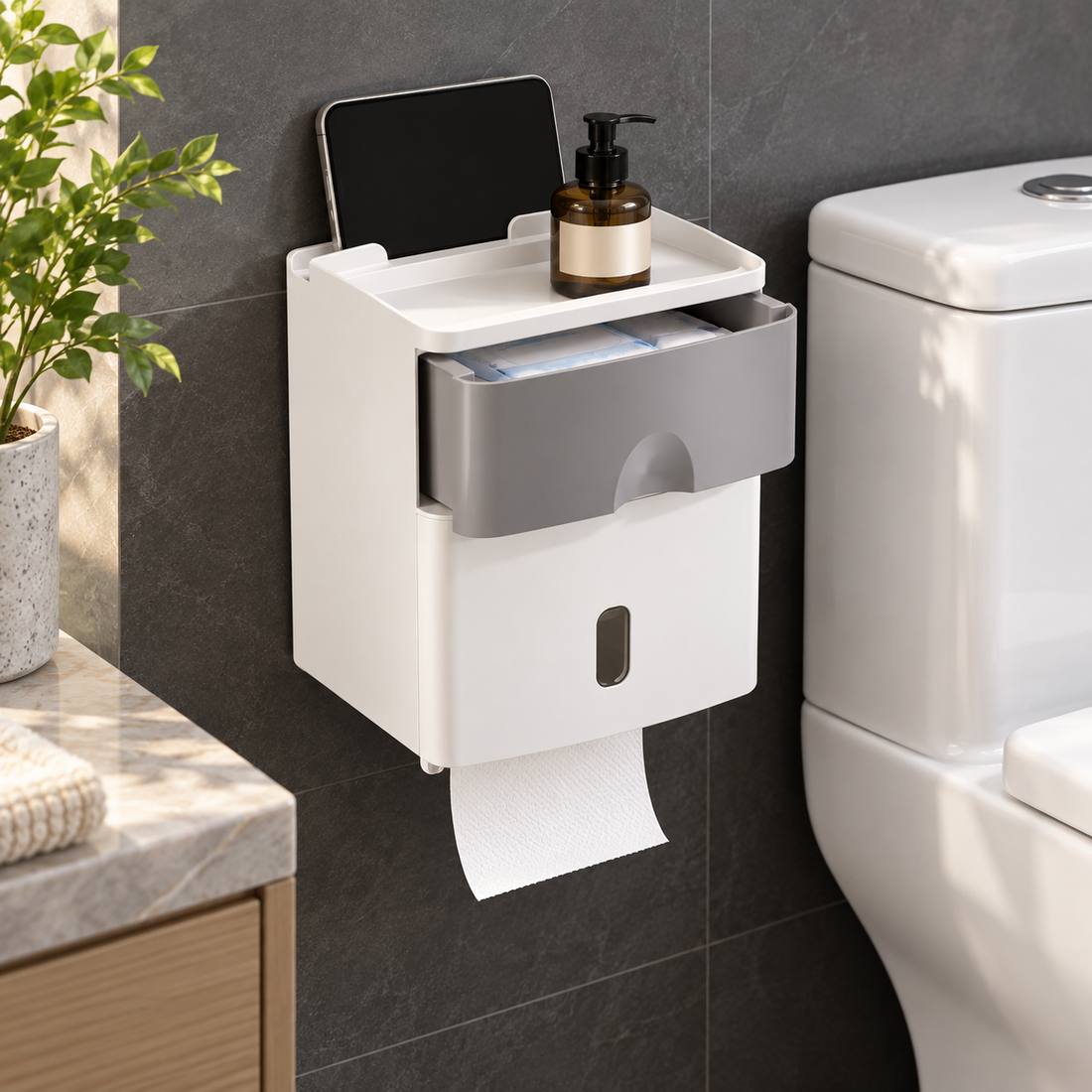No-Drill Wall-Mounted Toilet Paper Holder with Storage Shelf