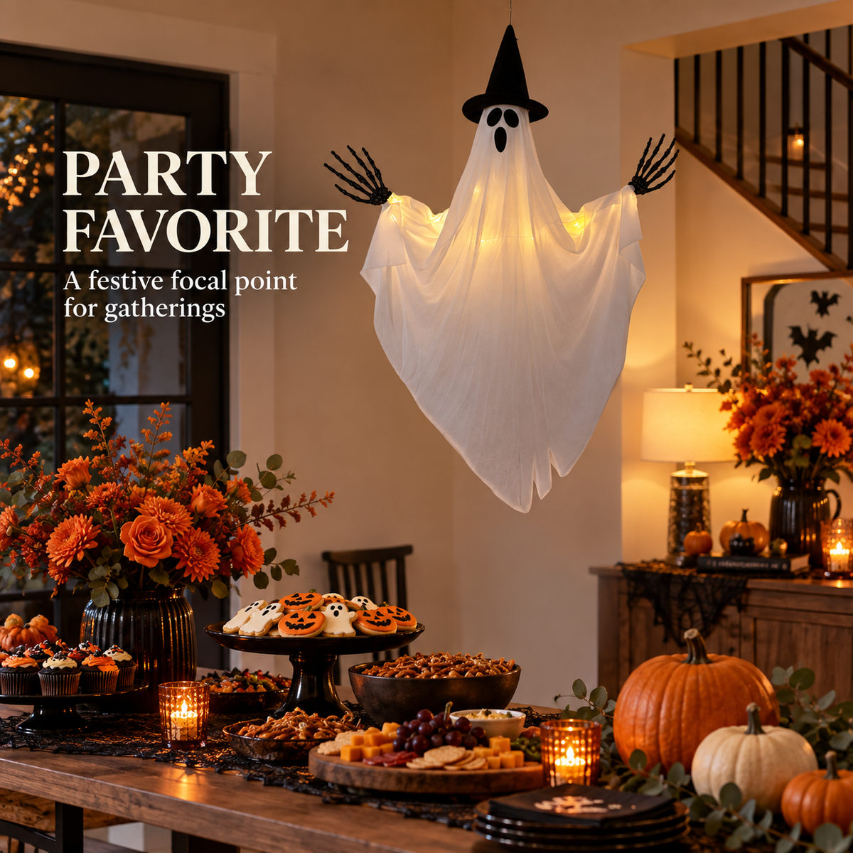 Light-Up Hanging Ghost Halloween Decoration with Witch Hat and Skeleton Hands, Glowing Ghost for Porch, Entryway, Window and Halloween Party Decor