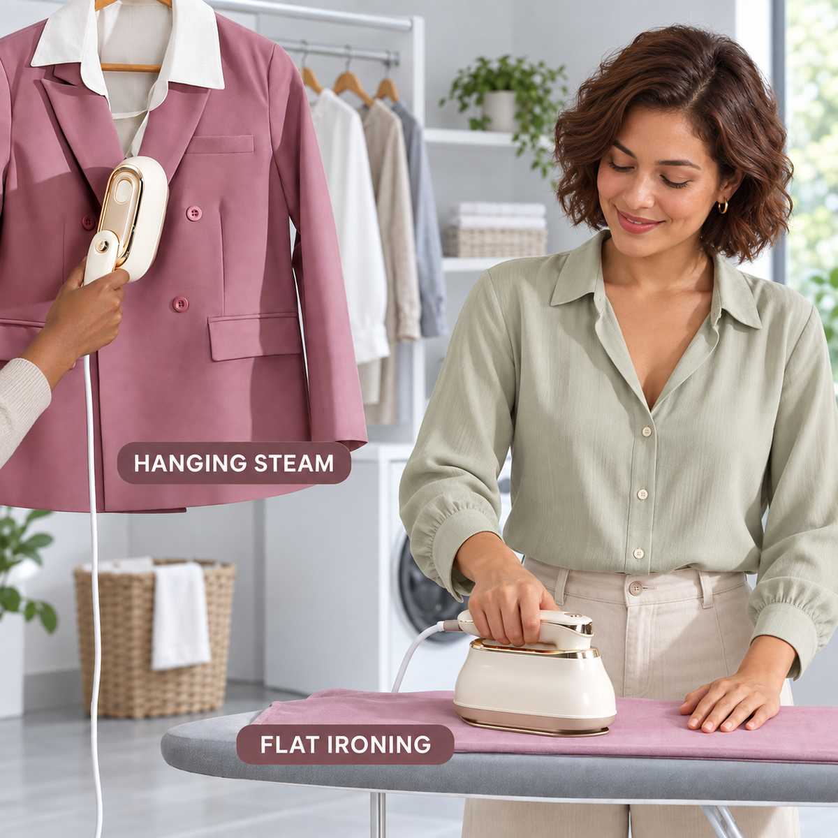 Handheld Garment Steamer with Folding Handle, Hanging Steam & Flat Ironing — Cream and Champagne Gold
