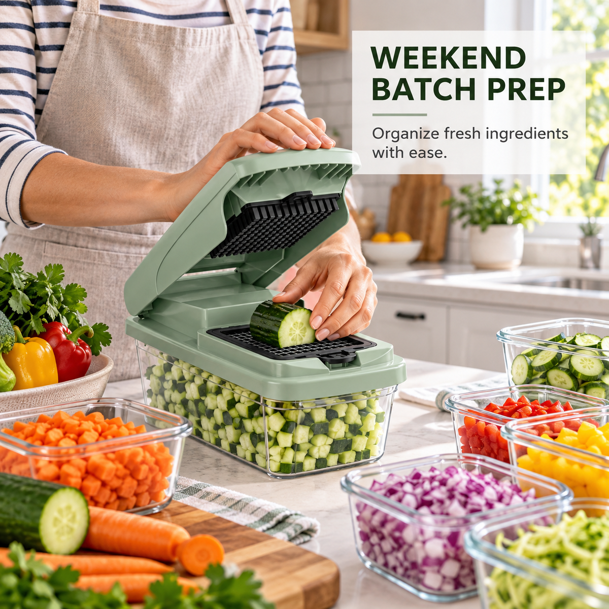 Multifunctional Vegetable Chopper, Manual Food Slicer and Dicer with Interchangeable Blades, Julienne Shredder, Grater, Hand Guard and Clear Catch Container for Kitchen Meal Prep, White, Black or Sage Green