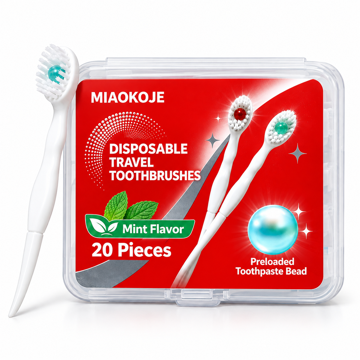 MIAOKOJE Disposable Travel Toothbrushes with Preloaded Mint Toothpaste Beads, Mini Portable Toothbrush Set, 20 Pieces with Clear Case for Travel, Office, Gym and Camping