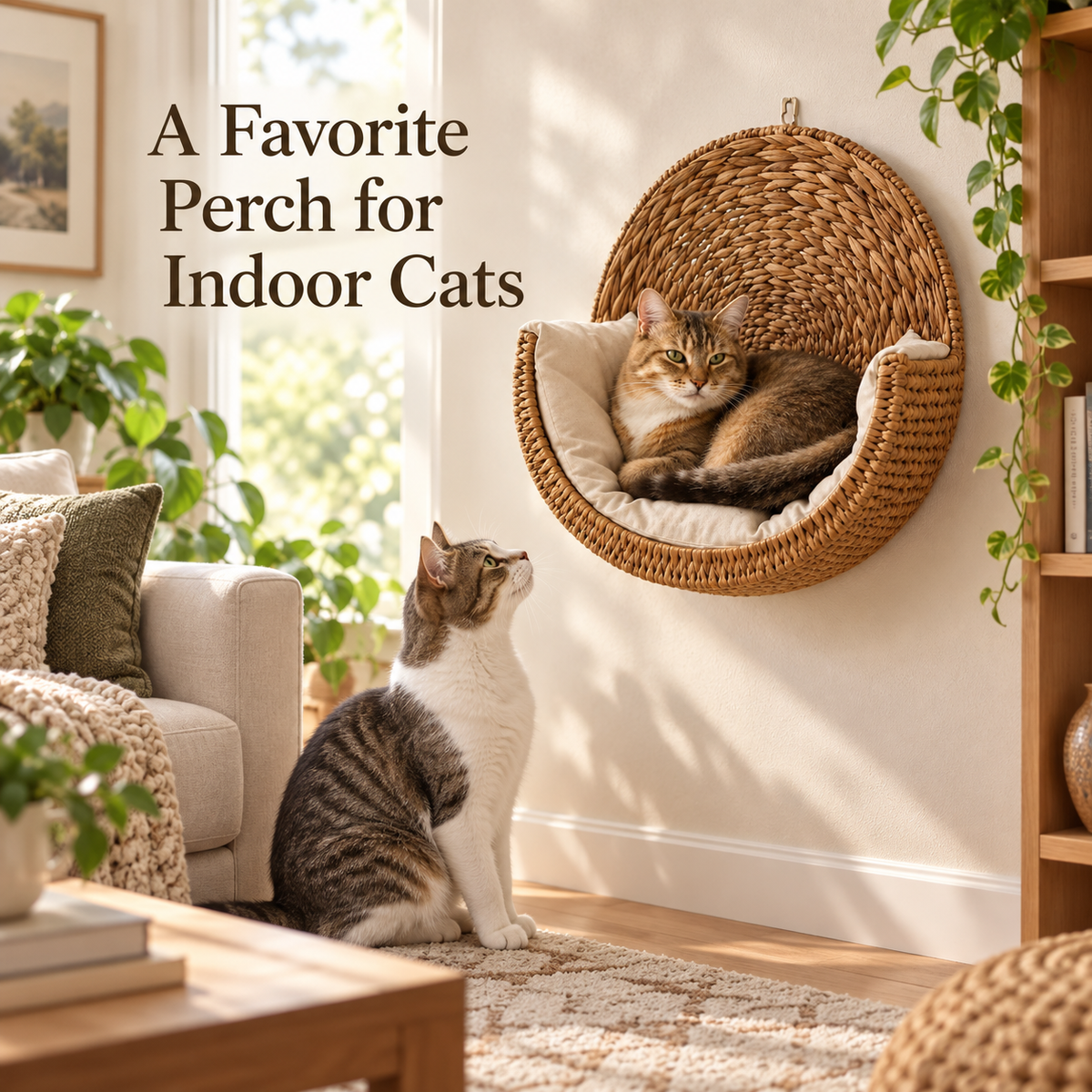 Handwoven Wall-Mounted Cat Bed with Soft Cushion, Breathable Woven Cat Hammock Perch, Space-Saving Hanging Cat Rest for Indoor Cats