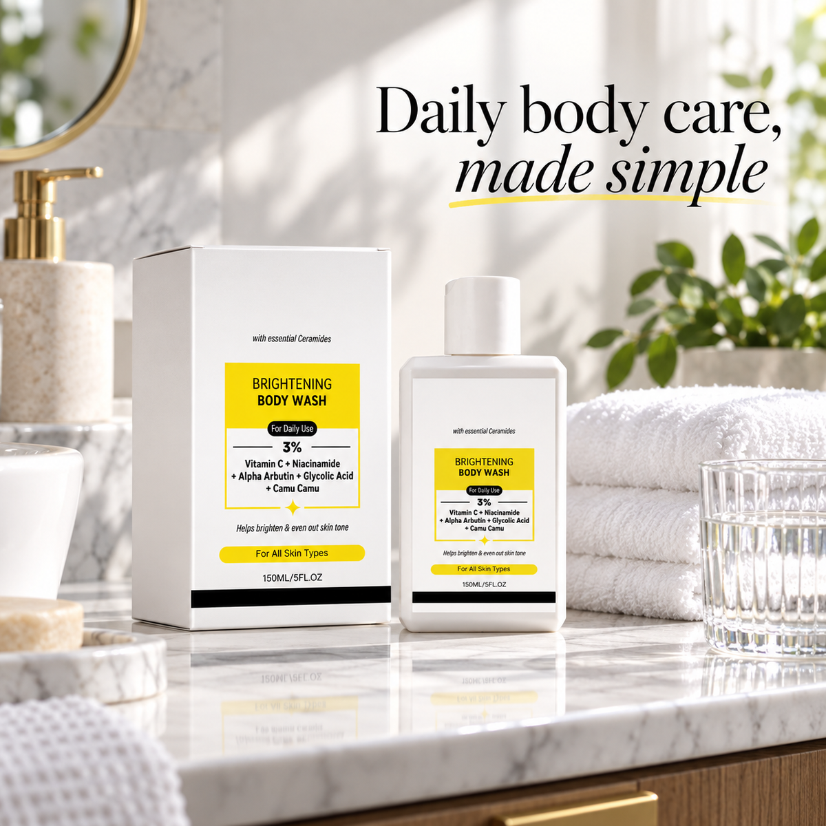 Brightening Body Wash with Vitamin C, Niacinamide, Alpha Arbutin, Glycolic Acid and Camu Camu, Daily Body Cleanser for Fresh, Smoother-Looking Skin, 5 fl oz (150 mL)