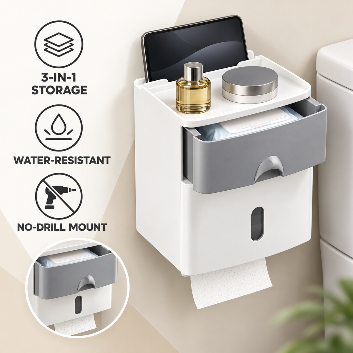 No-Drill Wall-Mounted Toilet Paper Holder with Storage Shelf