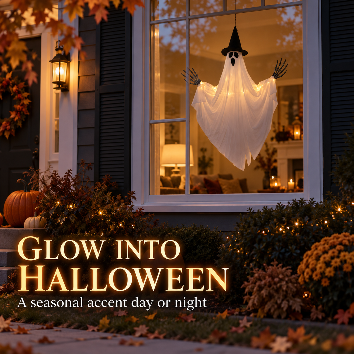 Light-Up Hanging Ghost Halloween Decoration with Witch Hat and Skeleton Hands, Glowing Ghost for Porch, Entryway, Window and Halloween Party Decor