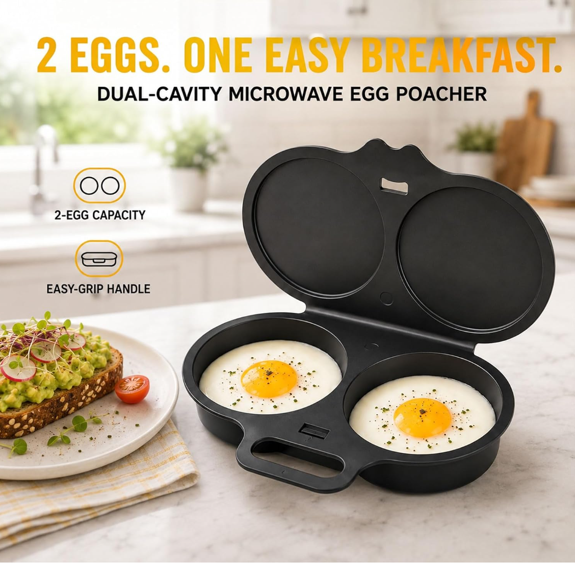 Microwave Egg Cooker, 2-Cavity Egg Poacher with Lid and Handle, Nonstick Egg Steamer for 2 Eggs, No-Oil Quick Cooking, Food-Grade PP Microwave Egg Maker, Black