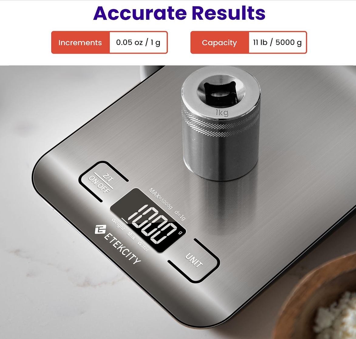 Digital Kitchen Food Scale, 5kg Stainless Steel Kitchen Scale with Battery, Multifunctional Electronic Cooking Scale for Baking, Cooking, Meal Prep and Food Weighing, Silver
