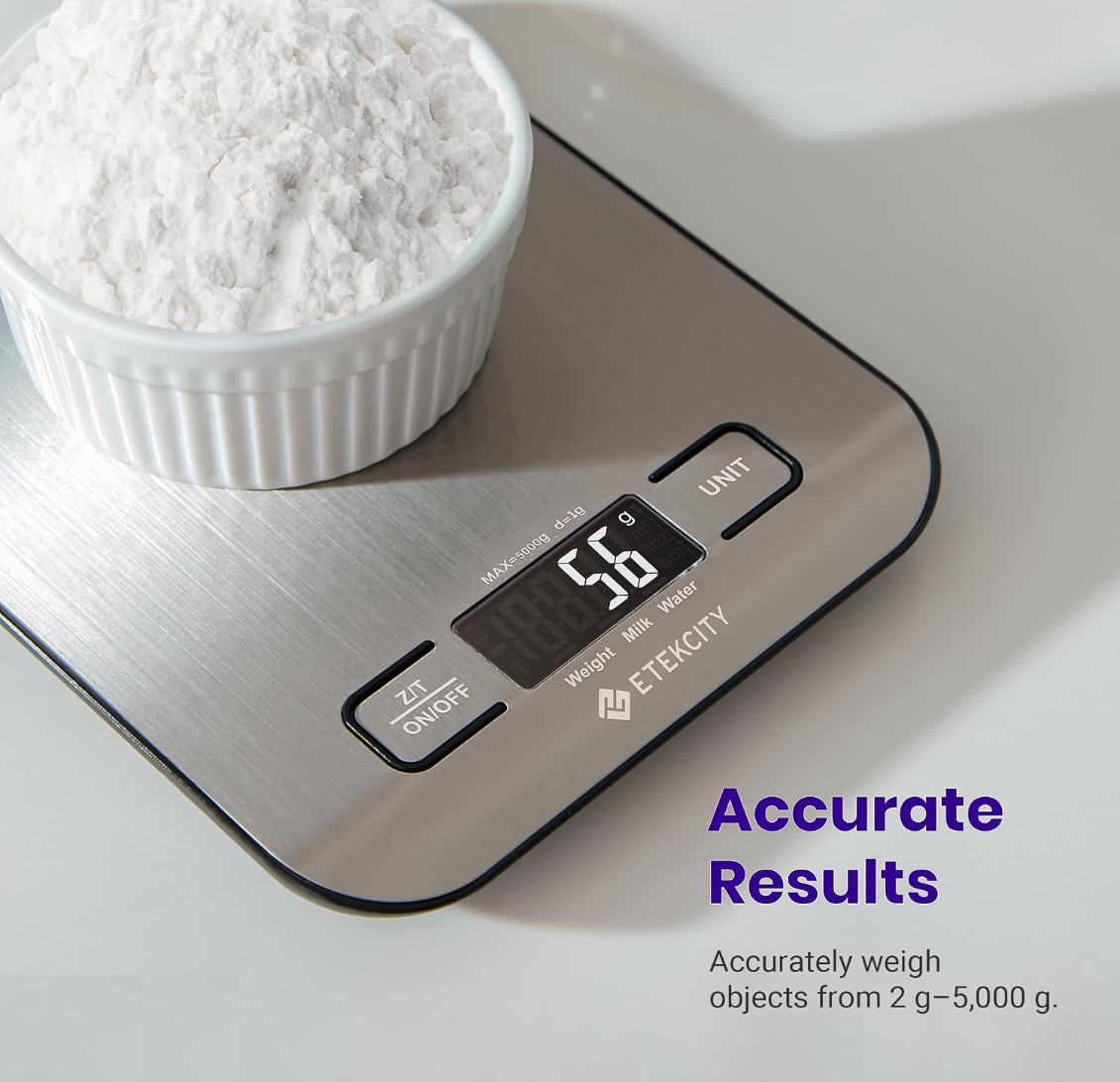 Digital Kitchen Food Scale, 5kg Stainless Steel Kitchen Scale with Battery, Multifunctional Electronic Cooking Scale for Baking, Cooking, Meal Prep and Food Weighing, Silver