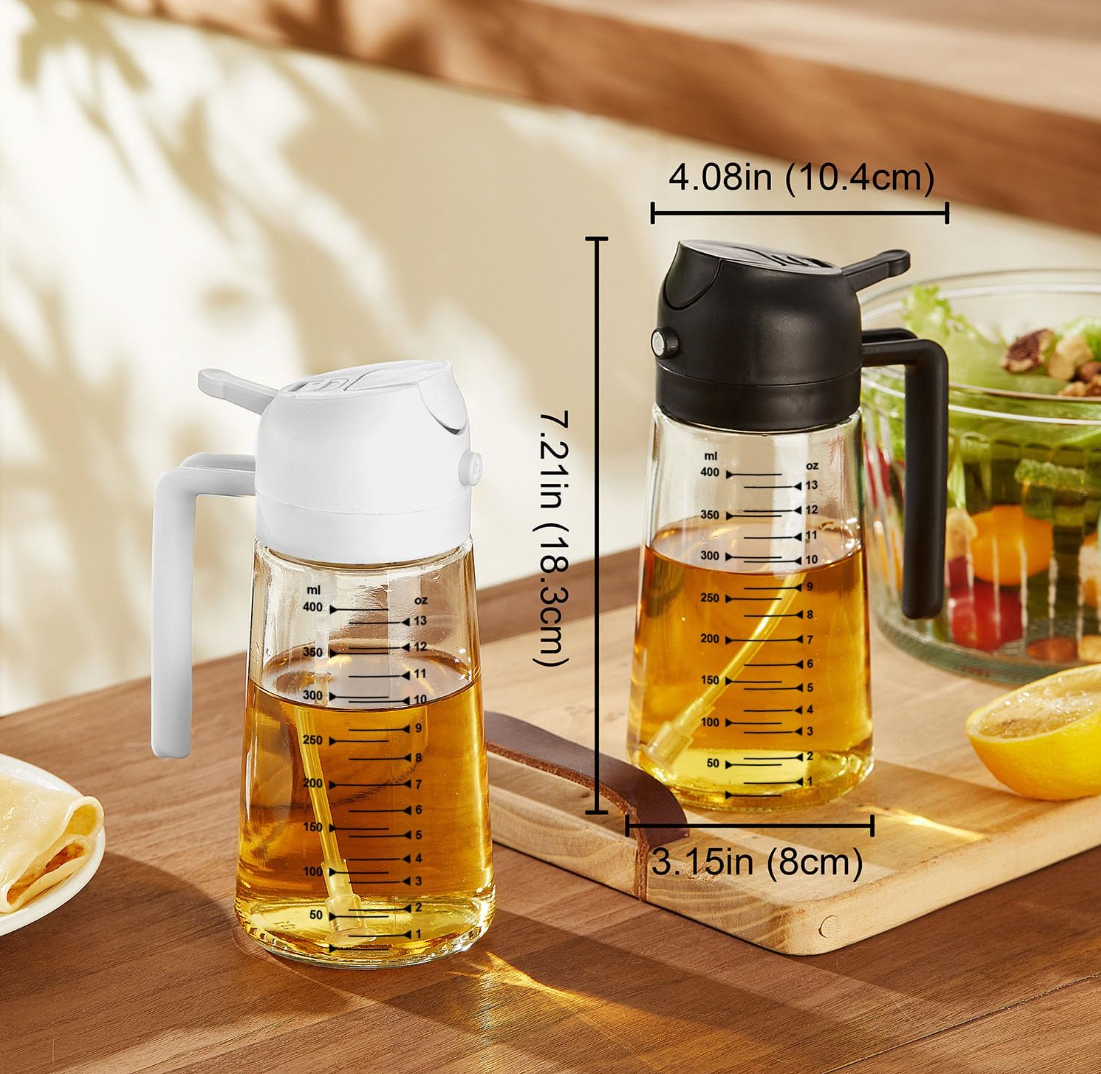 470ml Glass Olive Oil Sprayer, 2-in-1 Oil Dispenser Bottle for Cooking, Oil Sprayer & Pourer for Kitchen, Air Fryer, Salad, BBQ and Baking