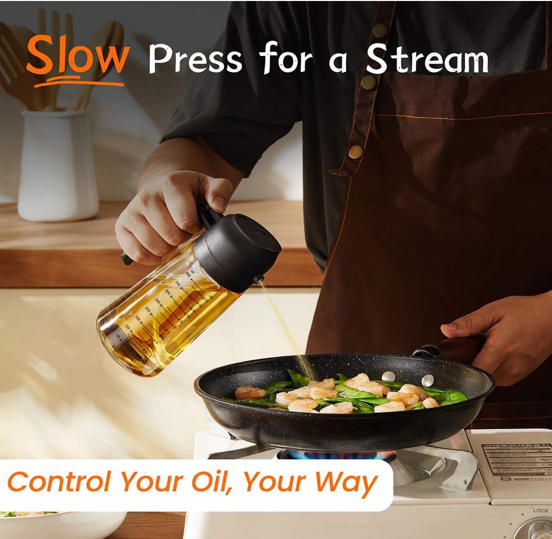 470ml Glass Olive Oil Sprayer, 2-in-1 Oil Dispenser Bottle for Cooking, Oil Sprayer & Pourer for Kitchen, Air Fryer, Salad, BBQ and Baking