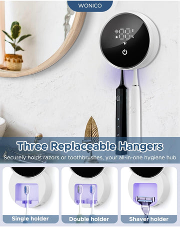 Smart UV Toothbrush Sanitizer and Wall-Mounted Holder with Sensor Cover, Digital Display and Interchangeable Hangers