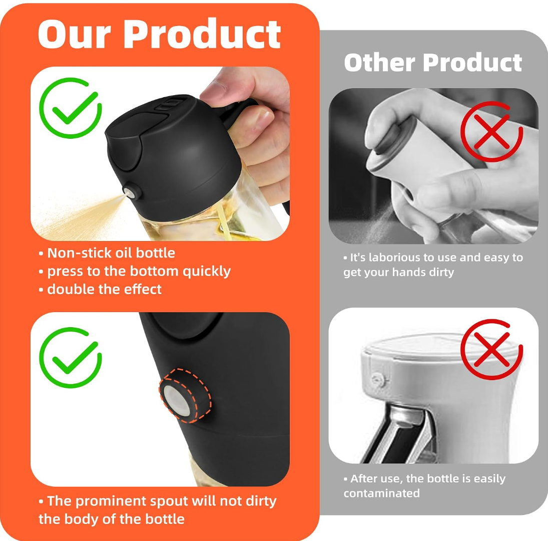 470ml Glass Olive Oil Sprayer, 2-in-1 Oil Dispenser Bottle for Cooking, Oil Sprayer & Pourer for Kitchen, Air Fryer, Salad, BBQ and Baking
