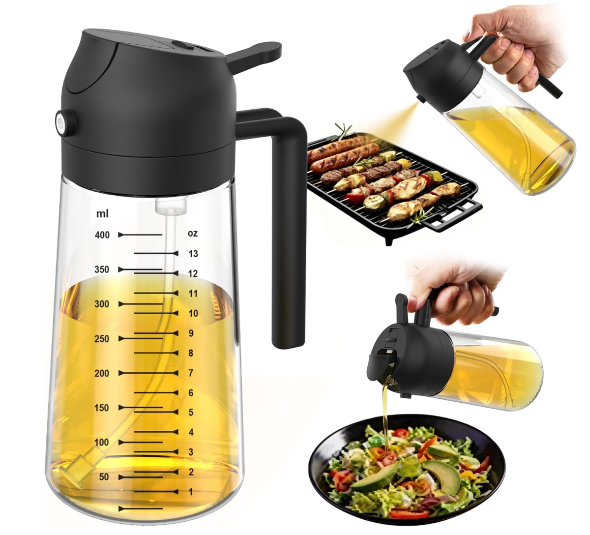 470ml Glass Olive Oil Sprayer, 2-in-1 Oil Dispenser Bottle for Cooking, Oil Sprayer & Pourer for Kitchen, Air Fryer, Salad, BBQ and Baking