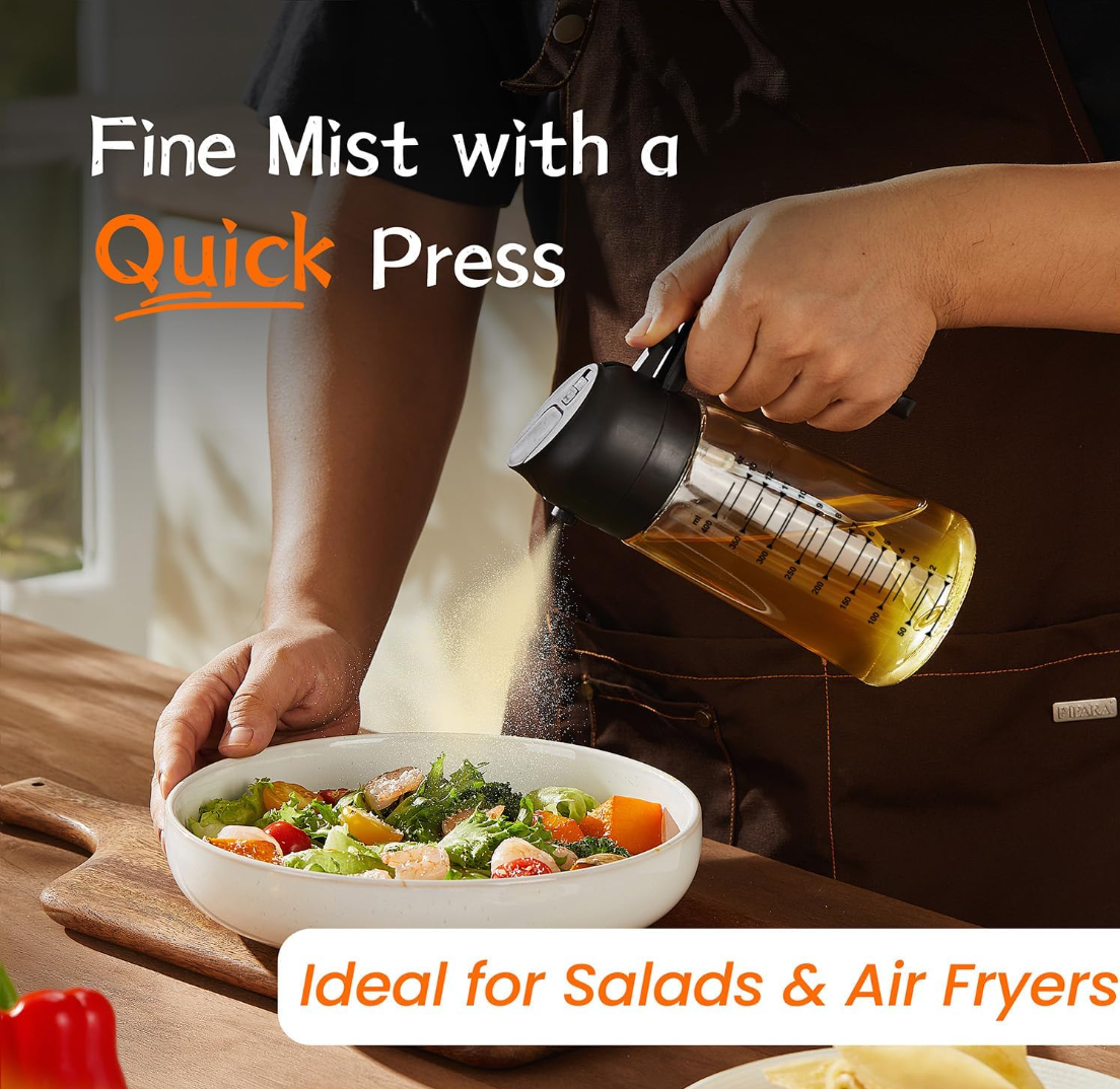 470ml Glass Olive Oil Sprayer, 2-in-1 Oil Dispenser Bottle for Cooking, Oil Sprayer & Pourer for Kitchen, Air Fryer, Salad, BBQ and Baking