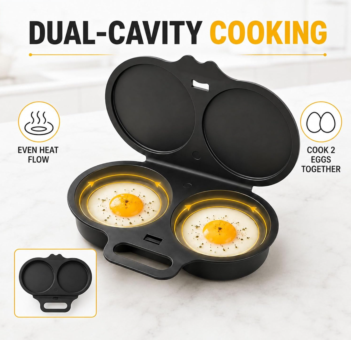 Microwave Egg Cooker, 2-Cavity Egg Poacher with Lid and Handle, Nonstick Egg Steamer for 2 Eggs, No-Oil Quick Cooking, Food-Grade PP Microwave Egg Maker, Black