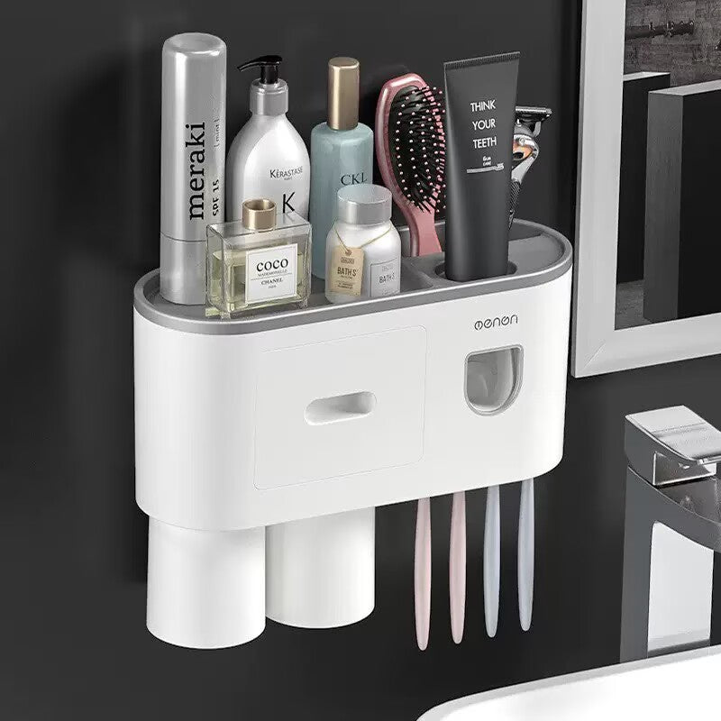 Wall-Mounted Bathroom Toothbrush Holder with Toothpaste Dispenser, 2 Rinse Cups, Storage Compartment and Top Shelf – No-Drill Bathroom Organizer