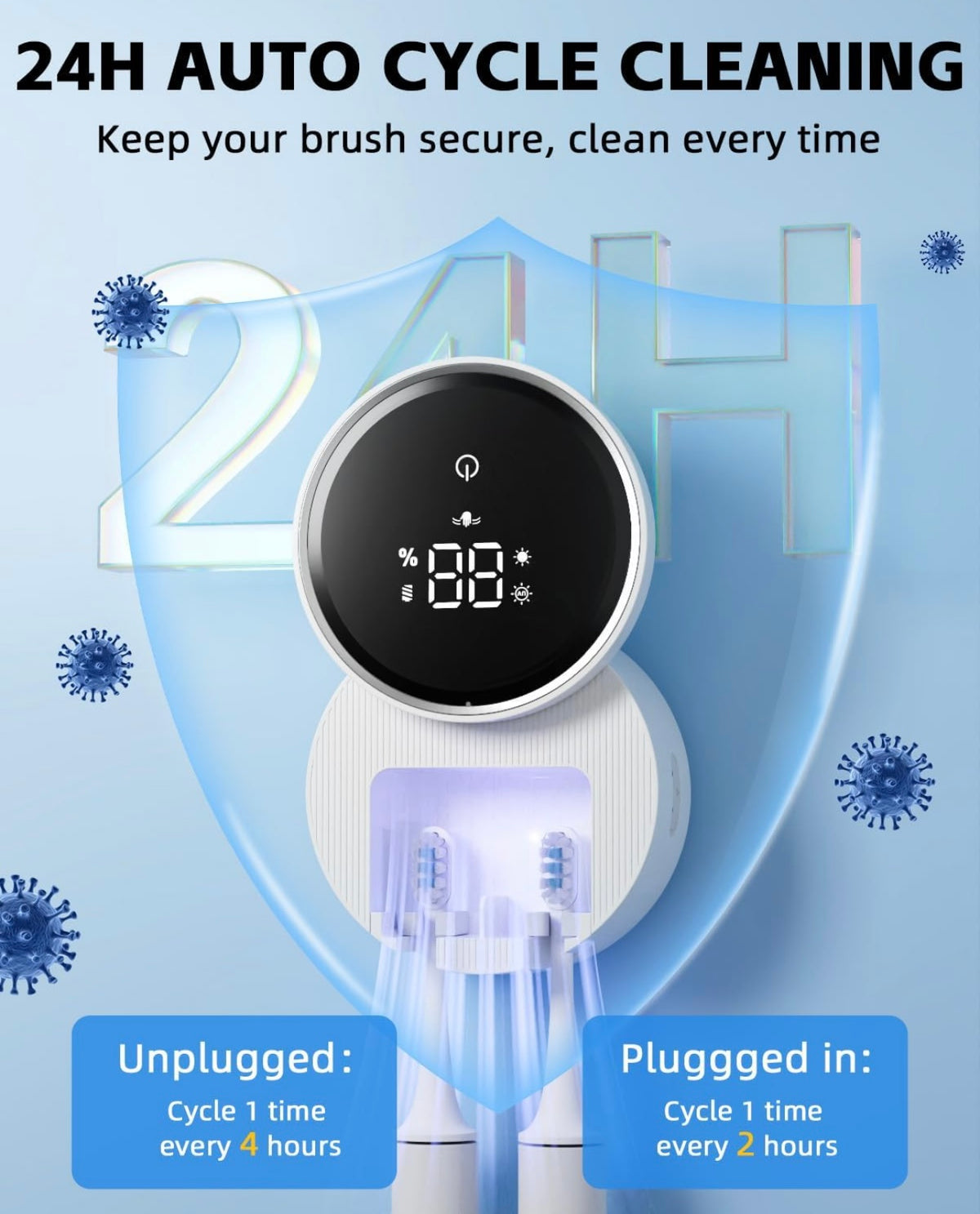 Smart UV Toothbrush Sanitizer and Wall-Mounted Holder with Sensor Cover, Digital Display and Interchangeable Hangers