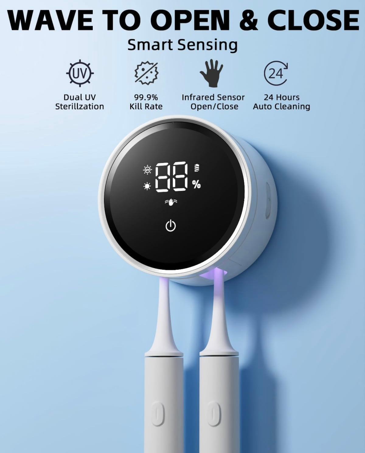 Smart UV Toothbrush Sanitizer and Wall-Mounted Holder with Sensor Cover, Digital Display and Interchangeable Hangers