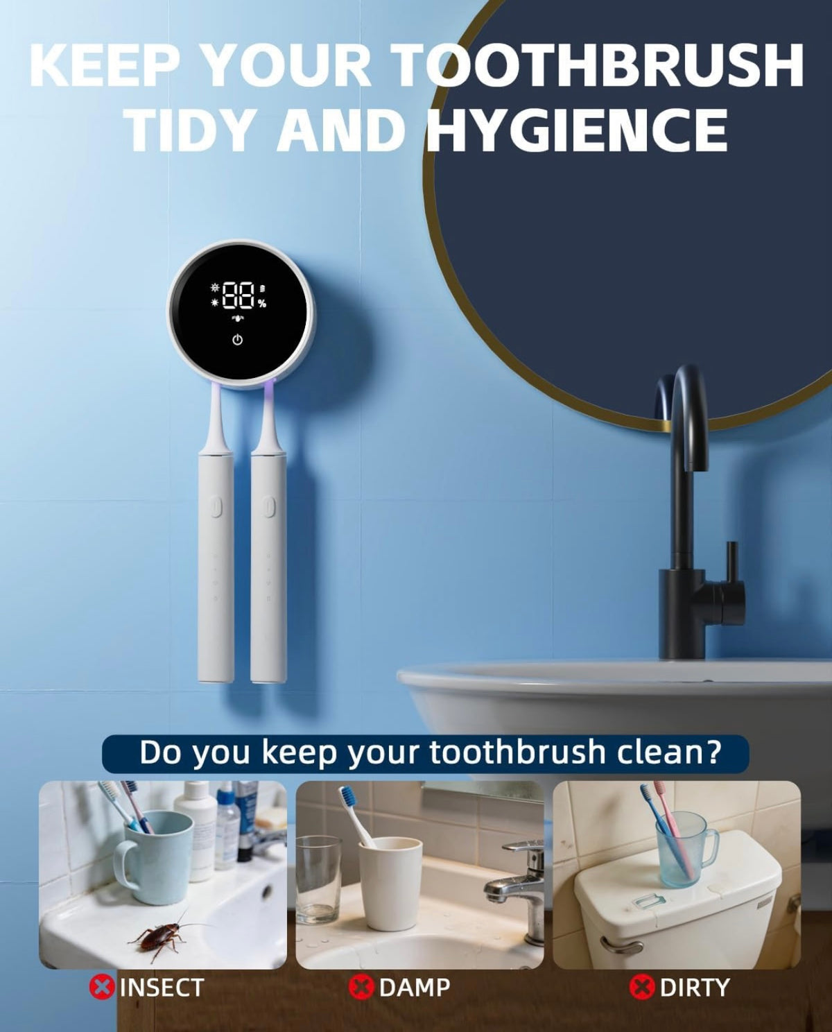 Smart UV Toothbrush Sanitizer and Wall-Mounted Holder with Sensor Cover, Digital Display and Interchangeable Hangers