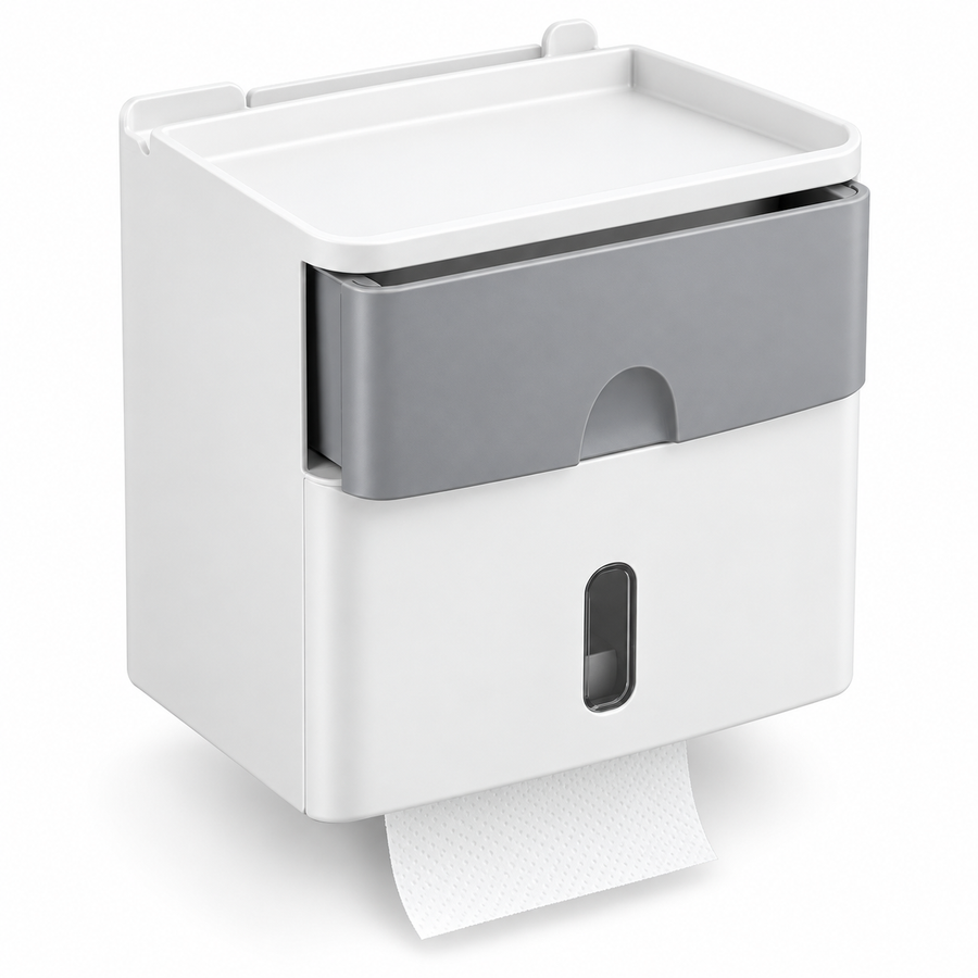 No-Drill Wall-Mounted Toilet Paper Holder with Storage Shelf