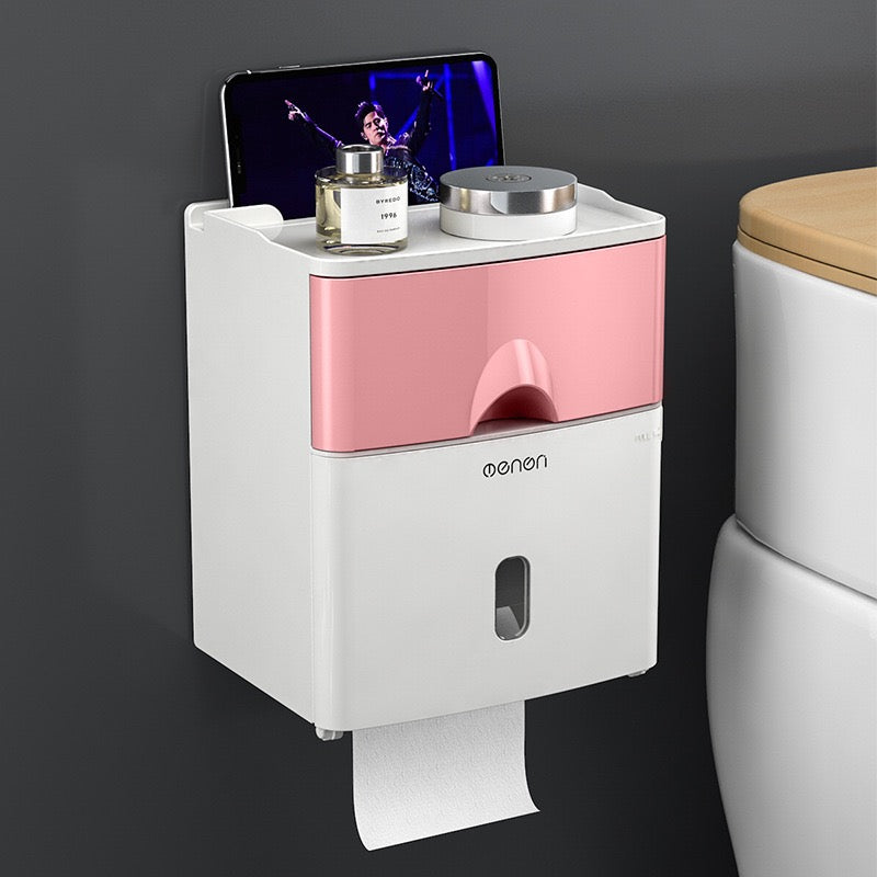 No-Drill Wall-Mounted Toilet Paper Holder with Storage Shelf