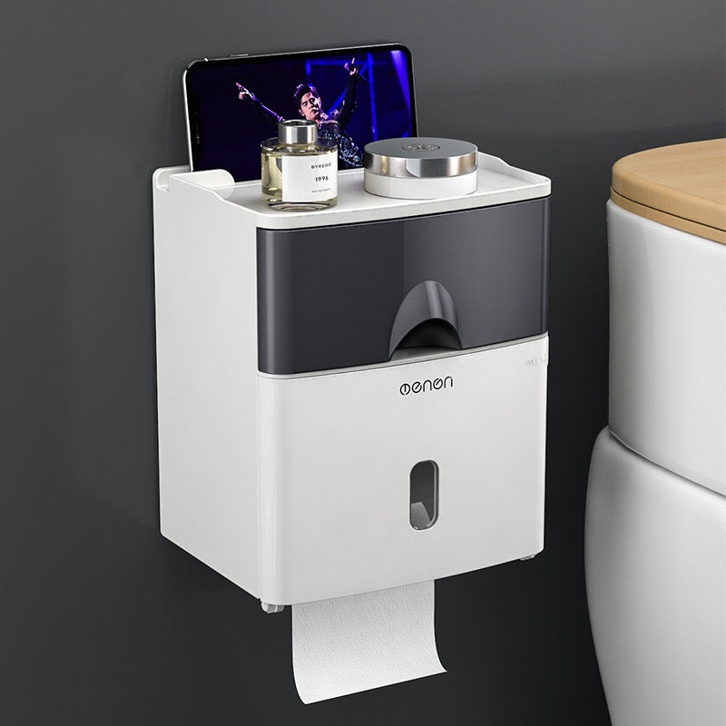No-Drill Wall-Mounted Toilet Paper Holder with Storage Shelf