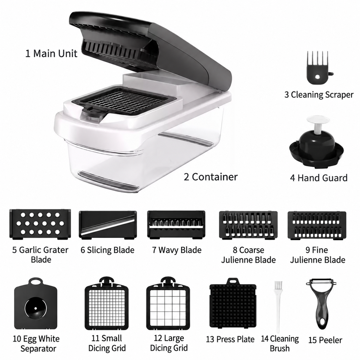 Multi-Function Manual Vegetable Chopper with Clear Container and Bonus Accessory Set – Interchangeable Dicing, Slicing and Shredding Inserts