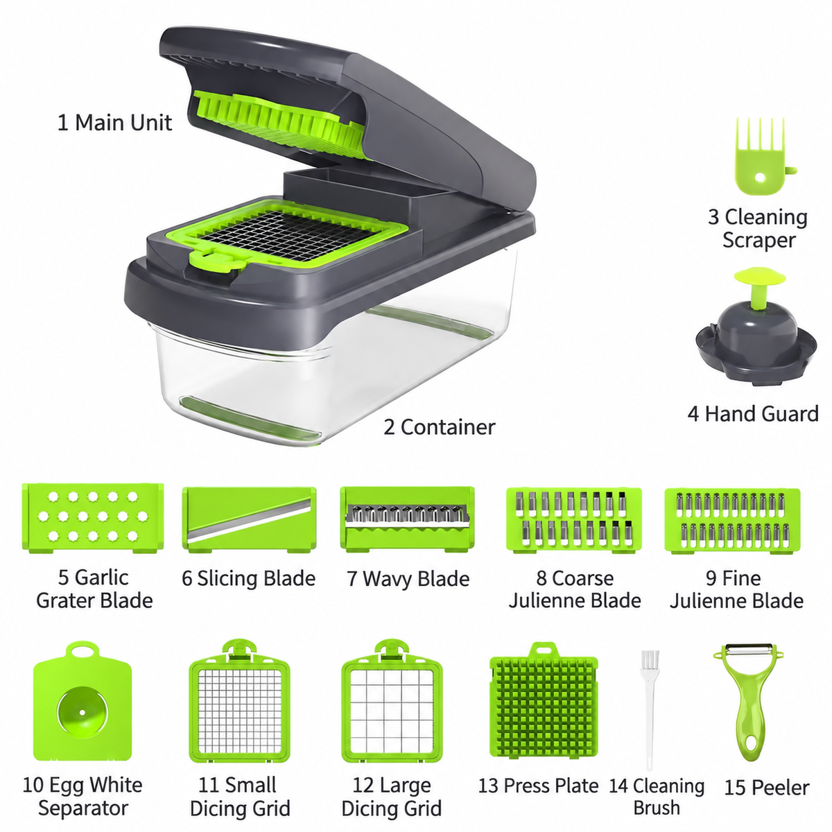 Multi-Function Manual Vegetable Chopper with Clear Container and Bonus Accessory Set – Interchangeable Dicing, Slicing and Shredding Inserts