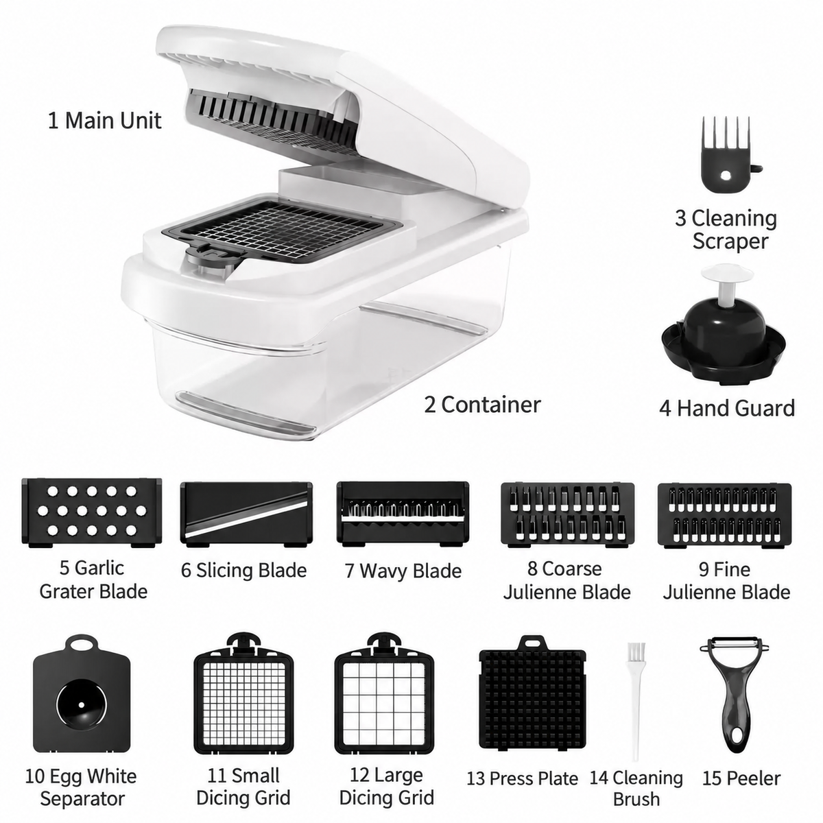 Multi-Function Manual Vegetable Chopper with Clear Container and Bonus Accessory Set – Interchangeable Dicing, Slicing and Shredding Inserts