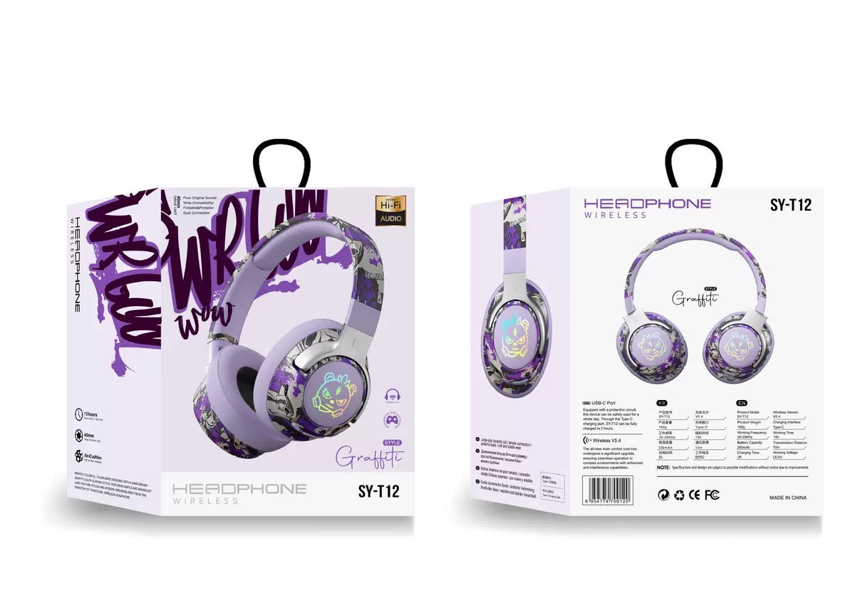 Wireless Over-Ear Headphones with Cushioned Ear Pads and Graphic Colorways