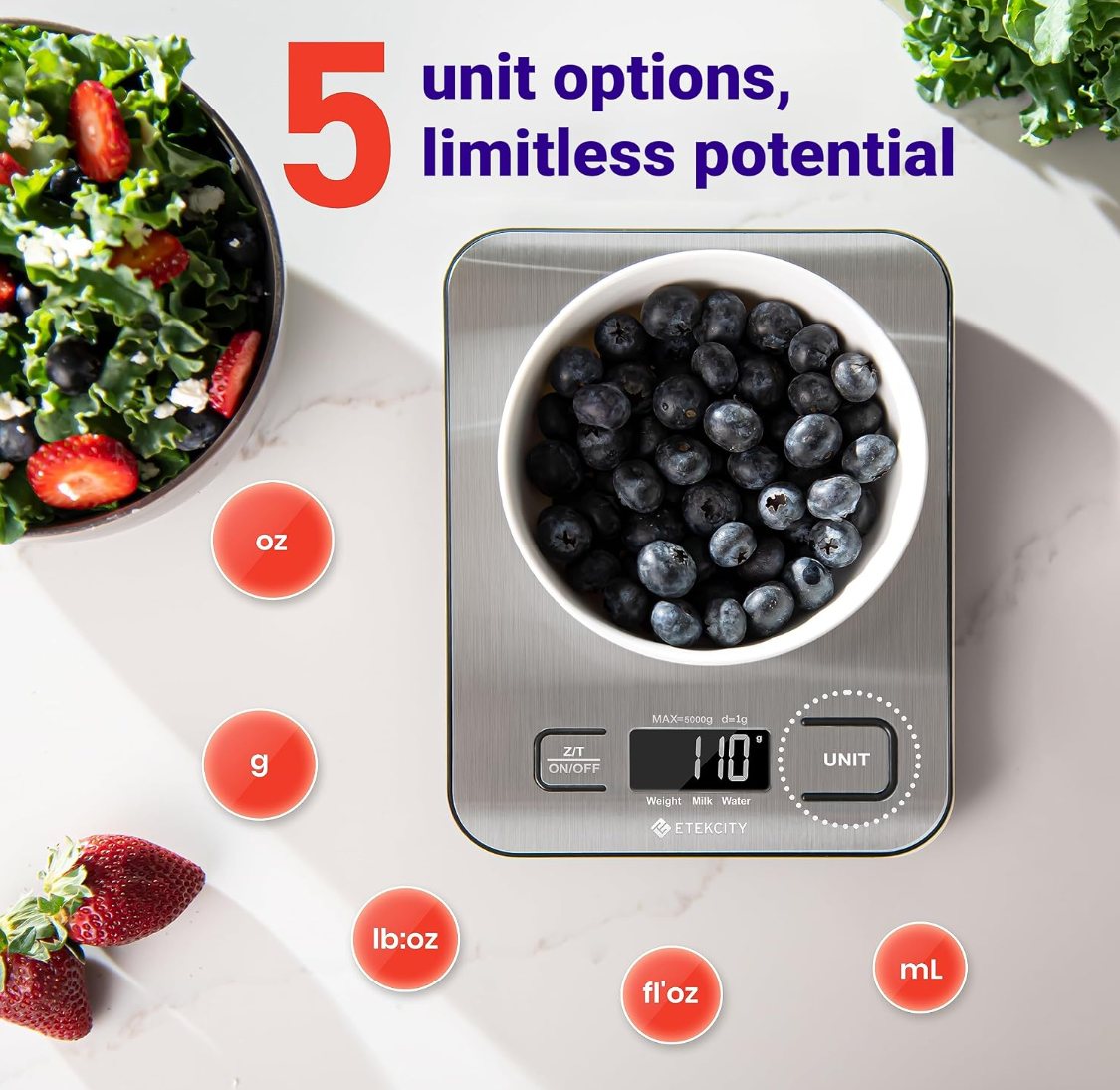 Digital Kitchen Food Scale, 5kg Stainless Steel Kitchen Scale with Battery, Multifunctional Electronic Cooking Scale for Baking, Cooking, Meal Prep and Food Weighing, Silver