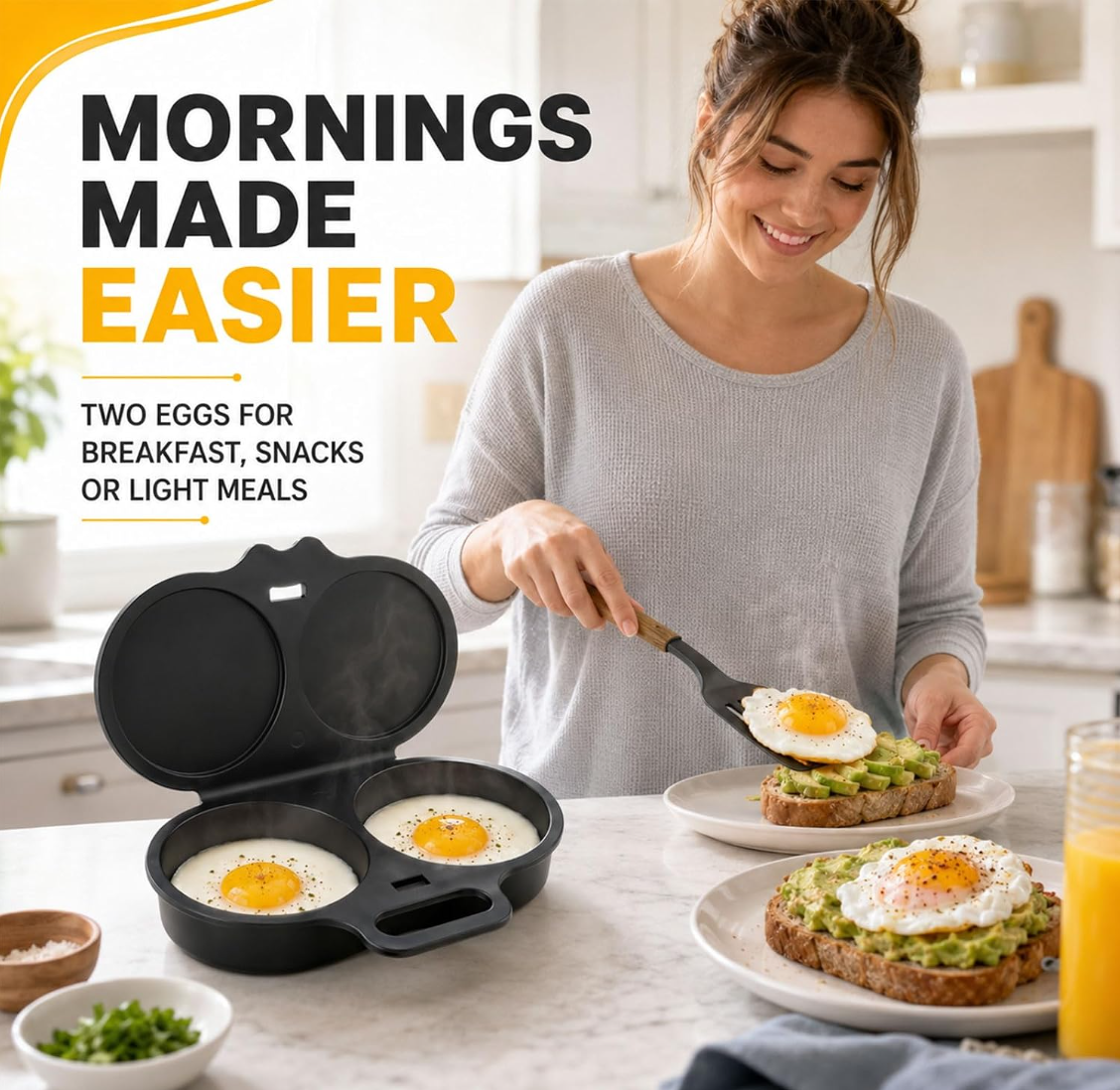 Microwave Egg Cooker, 2-Cavity Egg Poacher with Lid and Handle, Nonstick Egg Steamer for 2 Eggs, No-Oil Quick Cooking, Food-Grade PP Microwave Egg Maker, Black